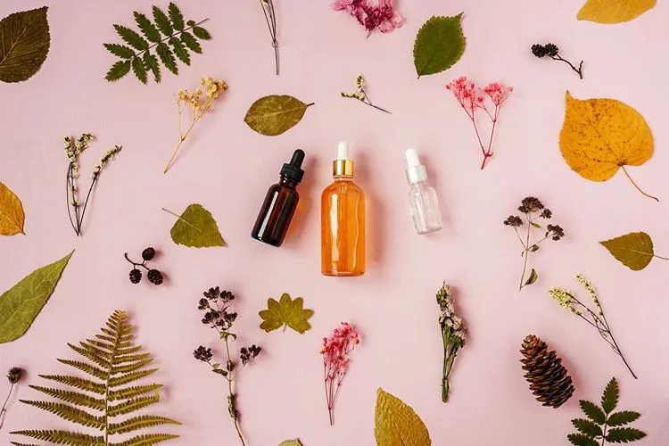 K-beauty serums and botanical ingredients flatlay